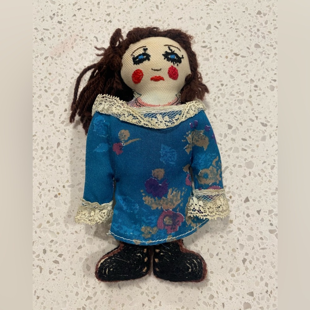 Handcrafted Doll with Blue Dress handmade sad doll